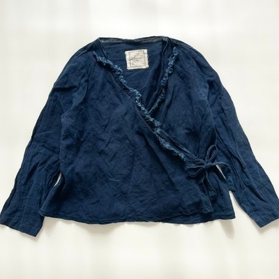 ICHI Antiquités Indigo Dyed Linen Cache-Coeur Wrap Blouse Size Free Women's Top