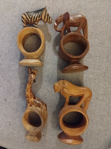Hand Carved Wooden Safari Animal Napkin Rings Set Zebra Lion Elephant Giraffe