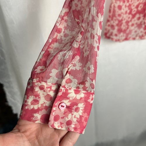 100% Silk Ruffled Tuxedo Front Button Down Collared Blouse Y2K Retro Floral - Picture 12 of 16