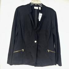 Women Chicos Black Ponte Ribbed Knit Blazer 2 L 1 Button Zip Pockets Peplum