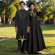 African Couple Clothes Men's Long Blazer Pants Suit and Women Flare Maxi Dress