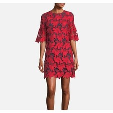 Tory Burch Floral Guipure Lace Shift Dress Red Bell Sleeve Womens 4 Excellent