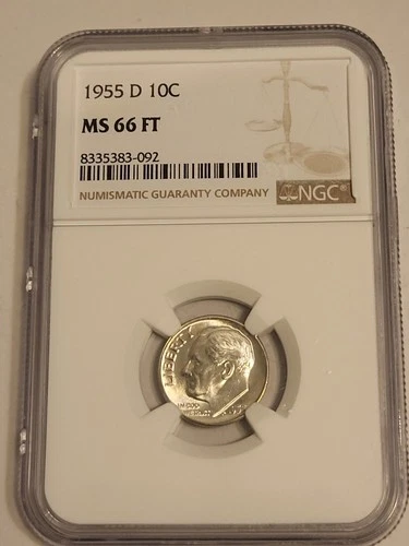 1955-D Roosevelt Dime 10c NGC MS 66FT Full Torch, Denver Mint, 90% Silver