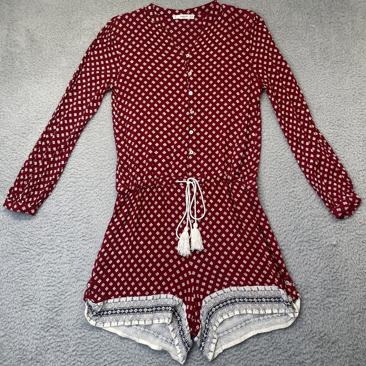 Mango Long Sleeve Boho Romper Suit Womens XXS 2XS Red Playsuit