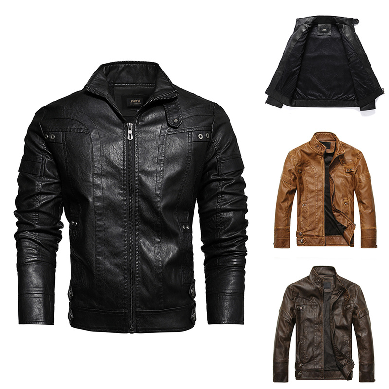 Men Leather Motorcycle Jacket Zip-Up Stand Collar Plus Size Biker