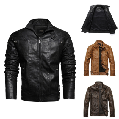 Men Leather Motorcycle Jacket Zip-Up Stand Collar Plus Size Biker