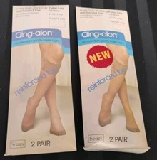 2-pks Sears Cling-Alon VTG. Knee High Nylon Stockings Fuller Leg -Off Black