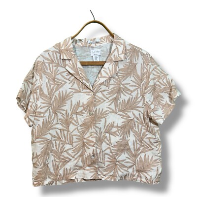 Nicole Miller Womens Linen Button Front Collared White and Beige Printed Shirt M