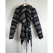 Charlotte Russe Womens Jacket Black Gray Southwestern Tie Pockets Wool Blend L