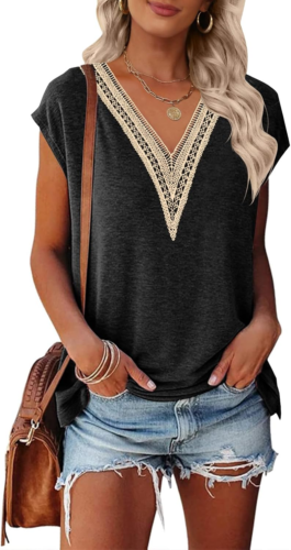 Women'S Casual Cap Sleeve Lace Trim V Neck Tops 2025 Summer Loose Tee Shirts Blo