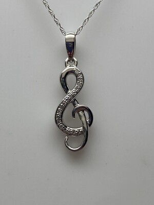 10K White Gold Treble Music Note 0.05ct twt Diamond Pendant and Chain NEW