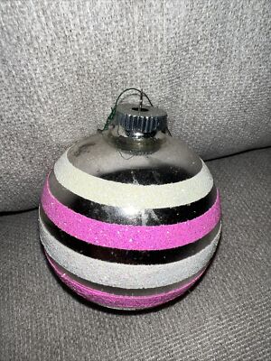 Large Christopher Radko 1940s Design Shiny Brite Pink And White Glass Ornament