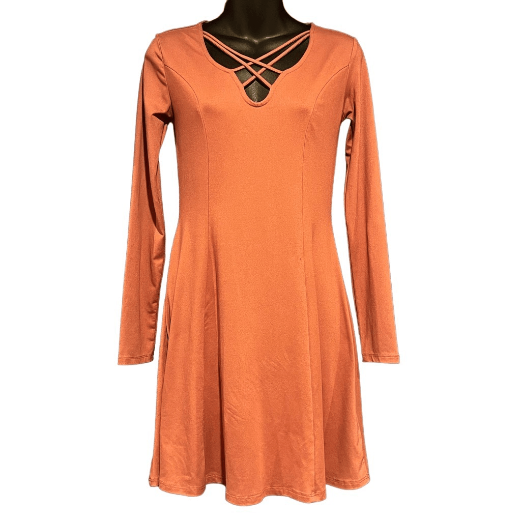 Mudd Dusty Coral Long Sleeve Caged Skater Dress Women's Small | eBay
