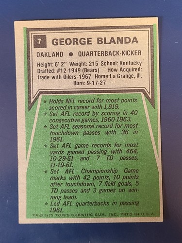 1975 Topps Football Cards #7 George Blanda Oakland Raiders Highlights - Picture 2 of 2