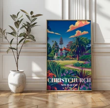 Christchurch Botanic Gardens, New Zealand Travel Poster, Retro Cityscape Art,