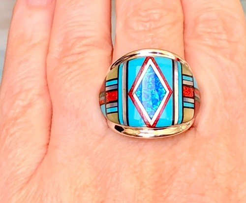 Large Turquoise Red Opal HOT Racing stripes Men's ring Italian 9.5 Silver T - Picture 7 of 12