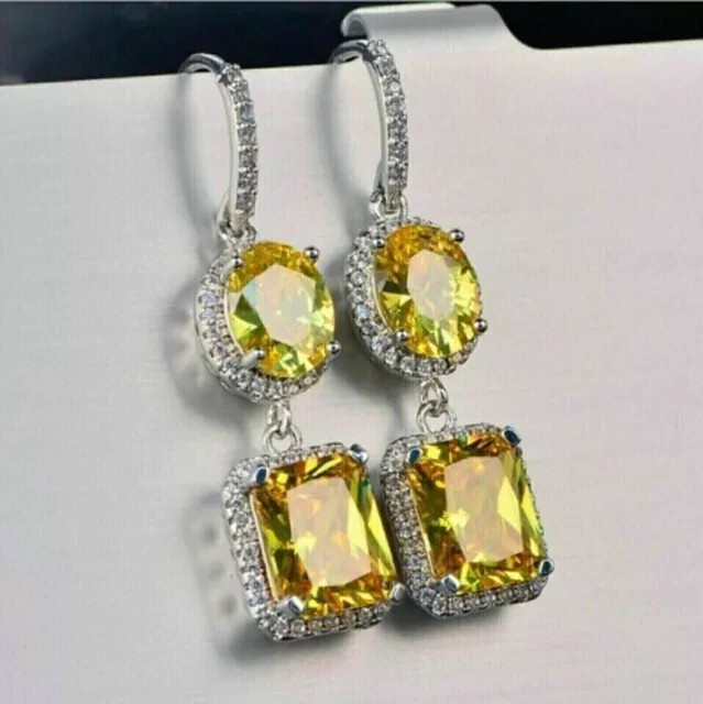 14k White Gold Plated Simulated Citrine Emerald Cut Drop Earrings for Women