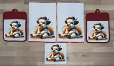 5 Piece Set - 2 Towels and 2 Pot Holder - 1 Wash Cloth Highland Cow DZ001-RD5pc