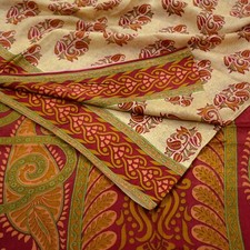 Indian Vintage Sari Red Beige Pure Silk Printed Sarees 5yd Craft Fabric Sewing