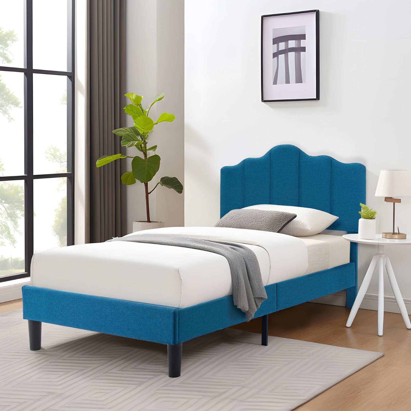 Set of 2 Twin Size Platform Bed Frame with Upholstered Adjustable Headboard Kids