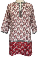 Anokhi Rot und Weiß Tunika Top - 100% Baumwolle - Hand Bedruckt - 3/4 Ärmel