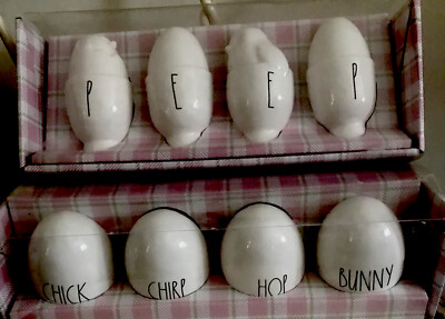 Rae Dunn Magenta Spring 2020 Lot Set of 4 Easter Ceramic Eggs 4 Chick Egg Cups