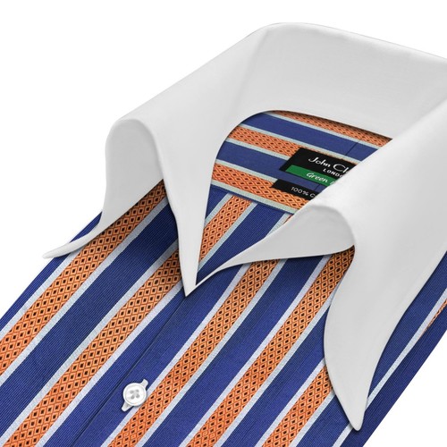 Camisa para hombre John Clothier cuello alto abierto vintage rayas naranjas 100 % algodón - Imagen 3 de 13