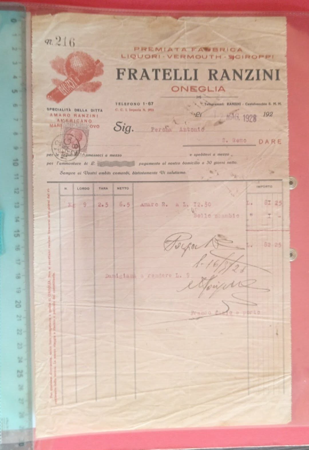 ONEGLIA  (IM) 1928 " FRATELLI  RANZINI " FABBRICA  LIQUORI - VERMOUTH - SCIROPPI