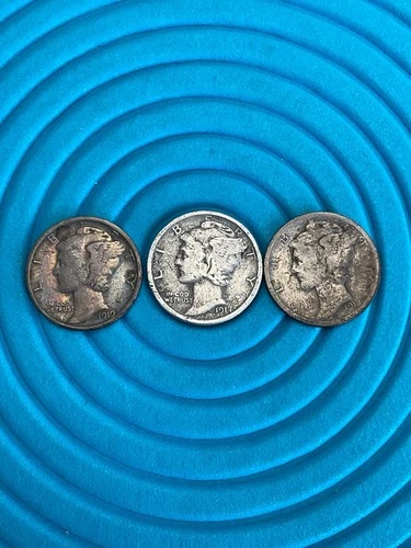 1917-D, 1918-P & 1919-P MERCURY DIMES VG-VF,   👀.   see below for specifics,