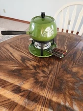 Midcentury Vintage Avocado Green With Mushroom Design Fondue Set Made In Japan