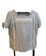 Talbots Wms Shirt PXL Petite Pullover Tie Sleeve Embroidery Blue Linen Peasant