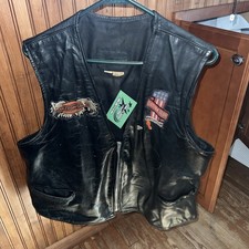 Vintage 90s Leather Vest Mens 46Black Snap Front Bike Week Harley Patches
