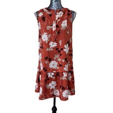 LOFT Sleeveless Orange Floral Shift Mini Dress Button Front Ruffle Hem Women SM