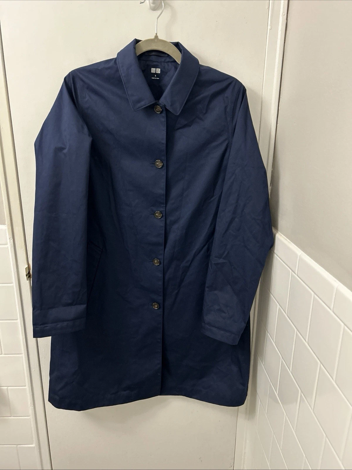 Uniqlo Trench Coat Womens Size Small Navy Blue Button Front Jacket Cotton L/S
