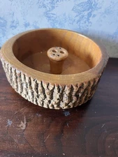 Vintage MCM Tree Bark Wooden Nut Bowl & Nut Cracker Holder Rustic Primative 1960