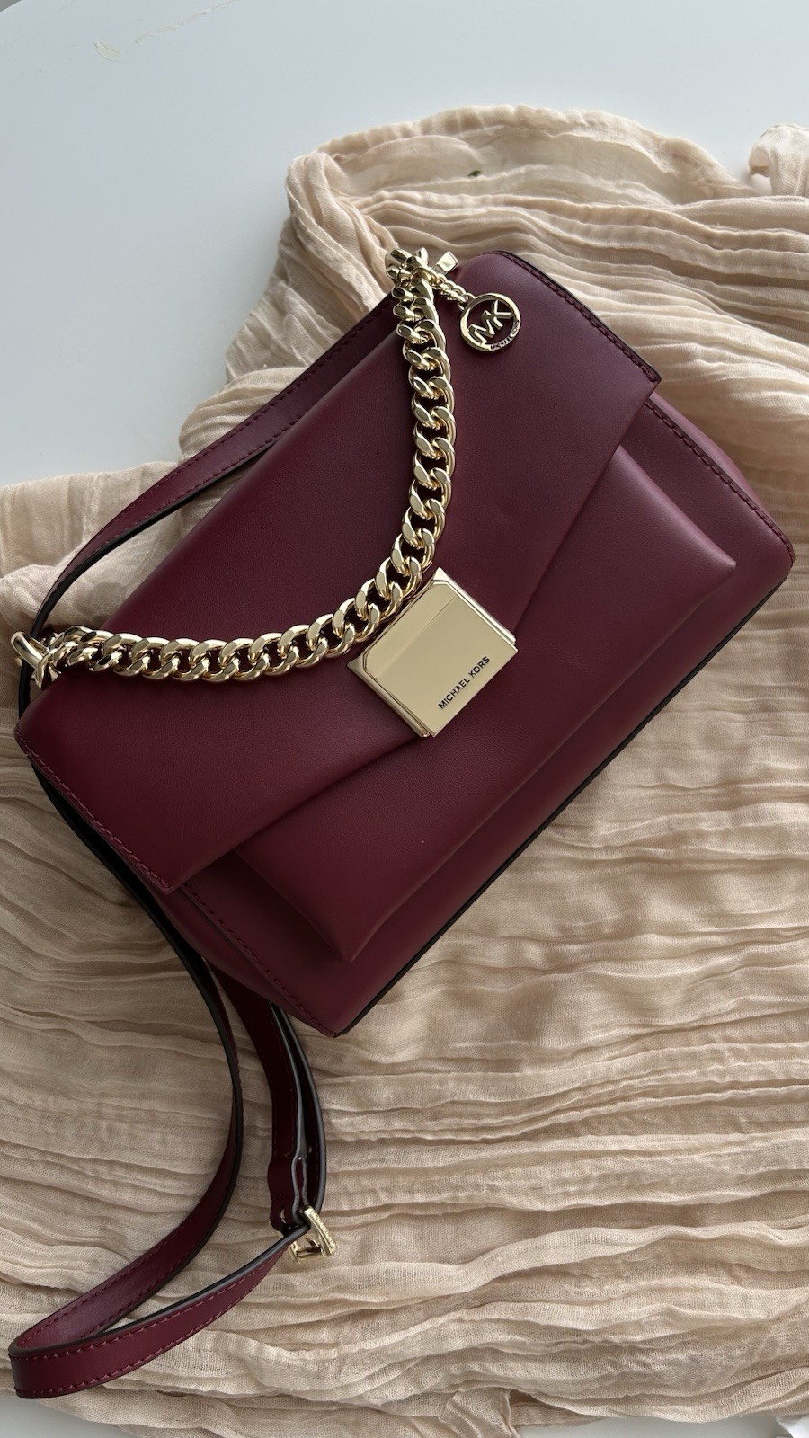 Michael Kors Lita Medium Leather Crossbody Bag Burgundy Gold Chain