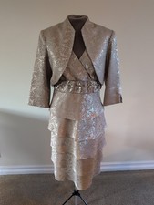 R&M Richards Midi Dress/ Bolero Jacket Size 10 Tiered Beaded Gold NWT Wedding
