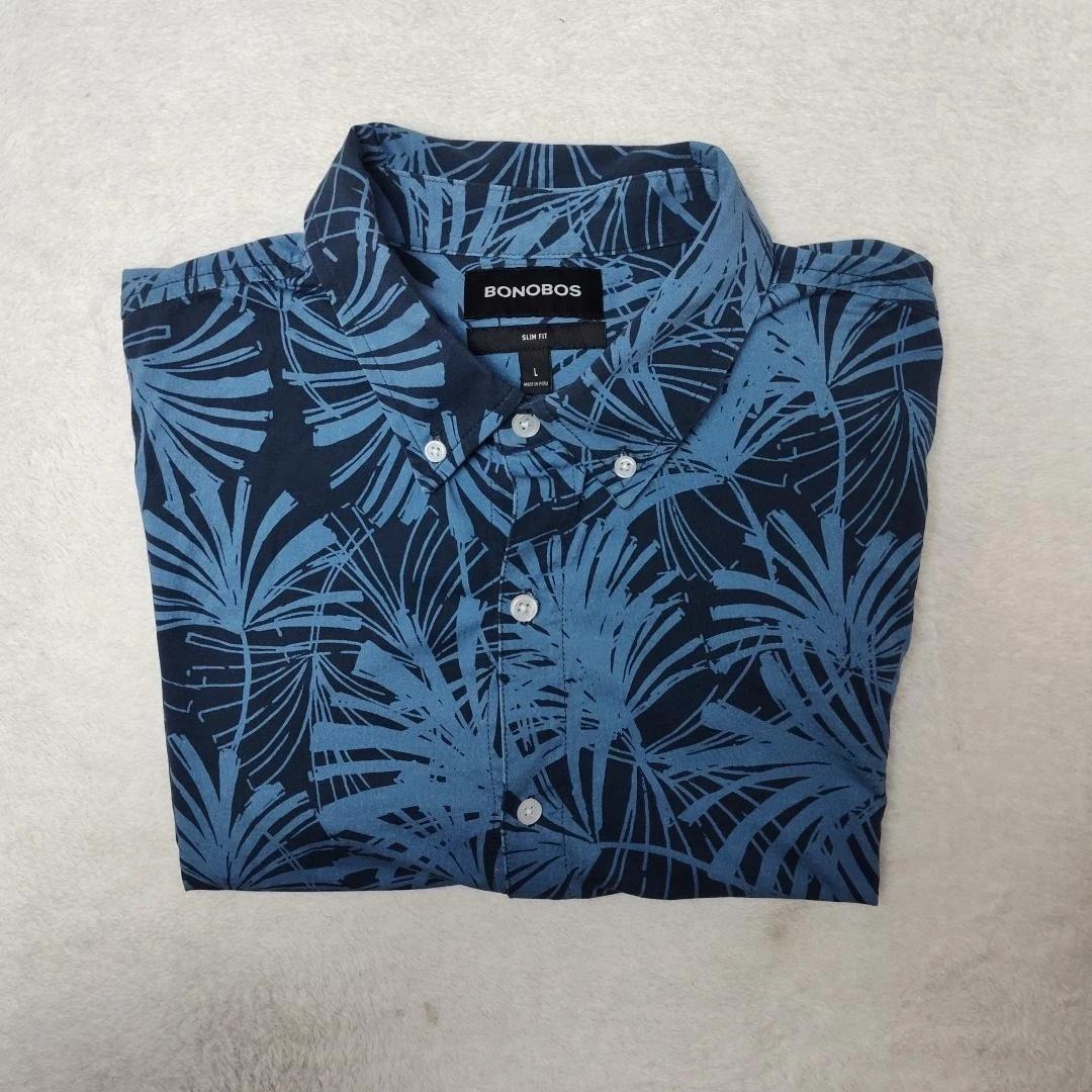 Bonobos Shirt Mens L Blue Floral Button Up Short Sleeve Collared Casual Slim Fit