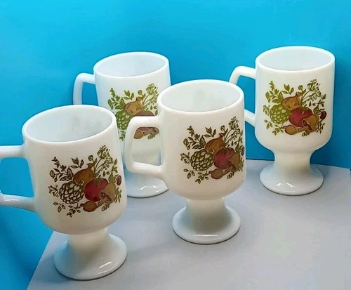 Vintage Corningware Spice of Life Pedestal Mugs Set of 4 Milk Glass Coffee Mugs