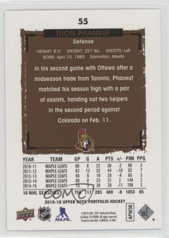2015-16 Upper Deck Portfolio Dion Phaneuf #55 - Image 2 of 2
