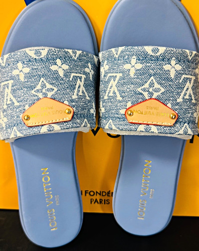 Louis Vuitton Blue White Leather Slide Sandals Slip-On EU 40 US 10