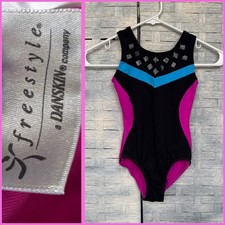 Freesyle By Danskin Activewear Dance Leotard Unitard Black/Blue/Pink 6/6X