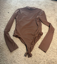 Women  s Brown Solid Mock Neck Long Sleeve One-Piece Bodysuit Size S