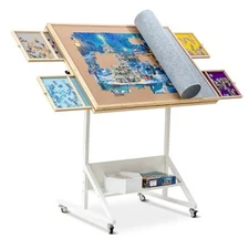  2-in-1 Tilting & Rotating Puzzle Table with 4 Colored Drawers & Cover & Flip 