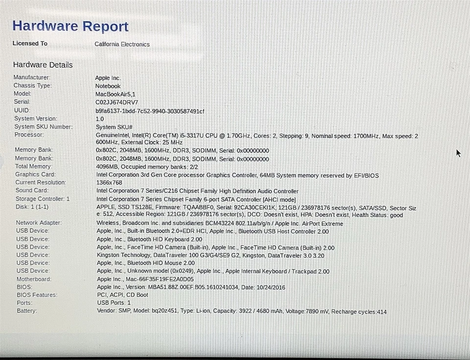 Apple MacBook Air 5,1 A1465 2012 i5 3317U 1.70GHZ 11" 4GB 128GB OSX High Sierra - Image 2 of 4