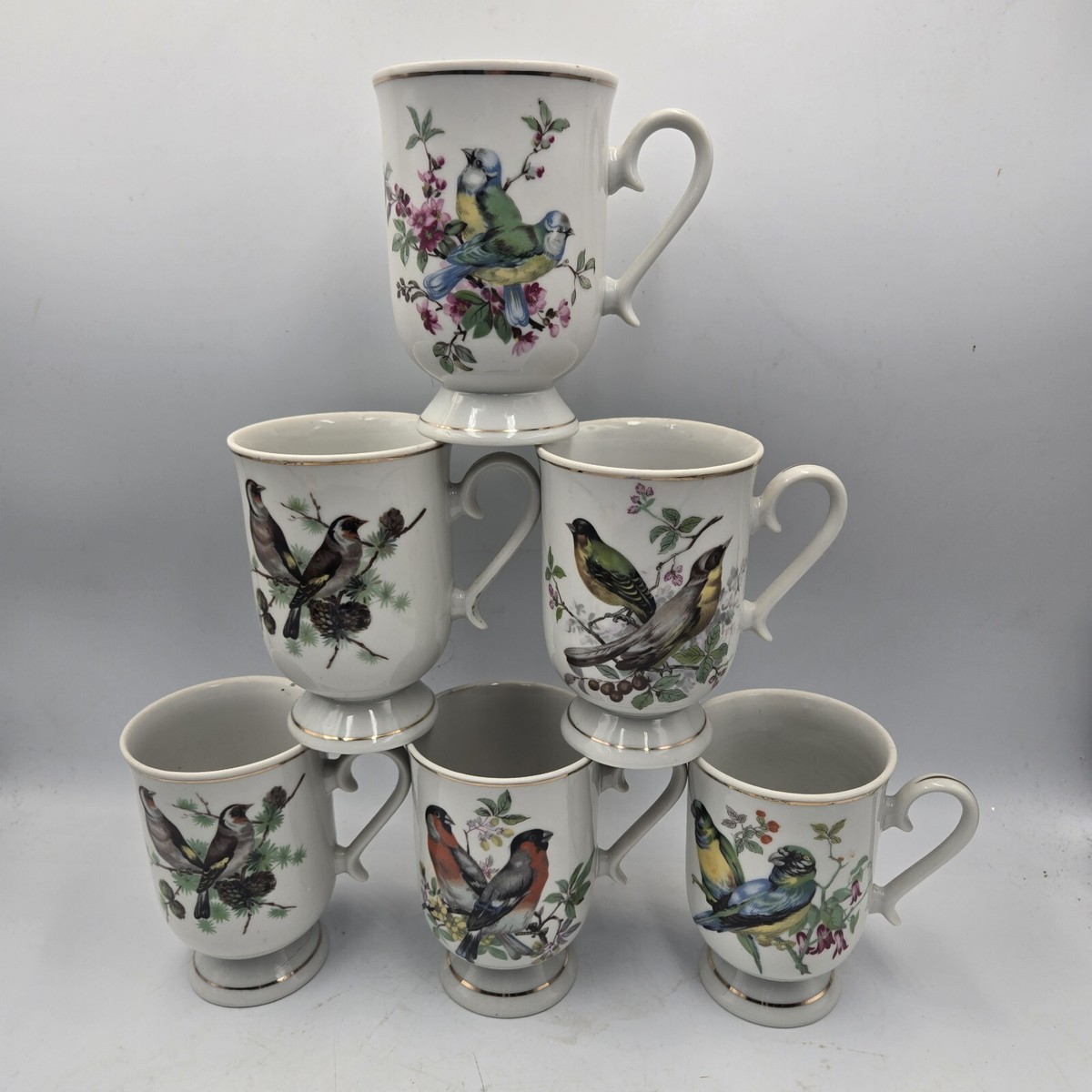 Vintage Royal Crown Porcelain Song Birds -Set of Footed Coffee Tea  Cups/Mugs