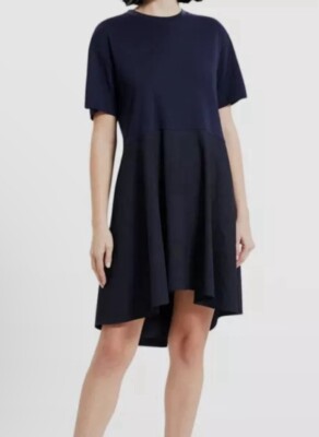 $295 Theory Women's Blue Stretch Linen Mixed-Media Tiered T-Shirt Dress Size S