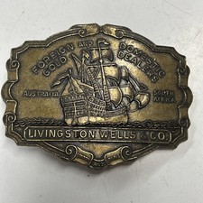 Vintage Belt Buckle Pirate Ship Gold Dealers Livingston Wells  Co Silver Nice