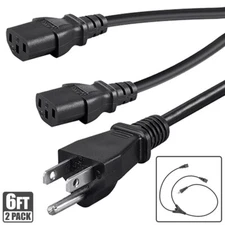 2x 6FT Power Cord Extension Cable Y Splitter NEMA 5-15P to IEC 60320 C13 18AWG