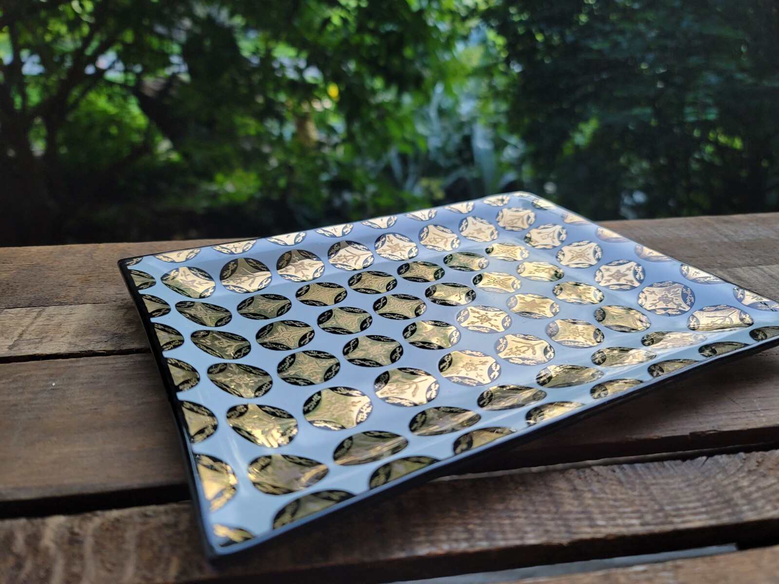 Vintage MidCentury Art Deco Black Glass Gold Coin Small Serving Tray Dish eBay